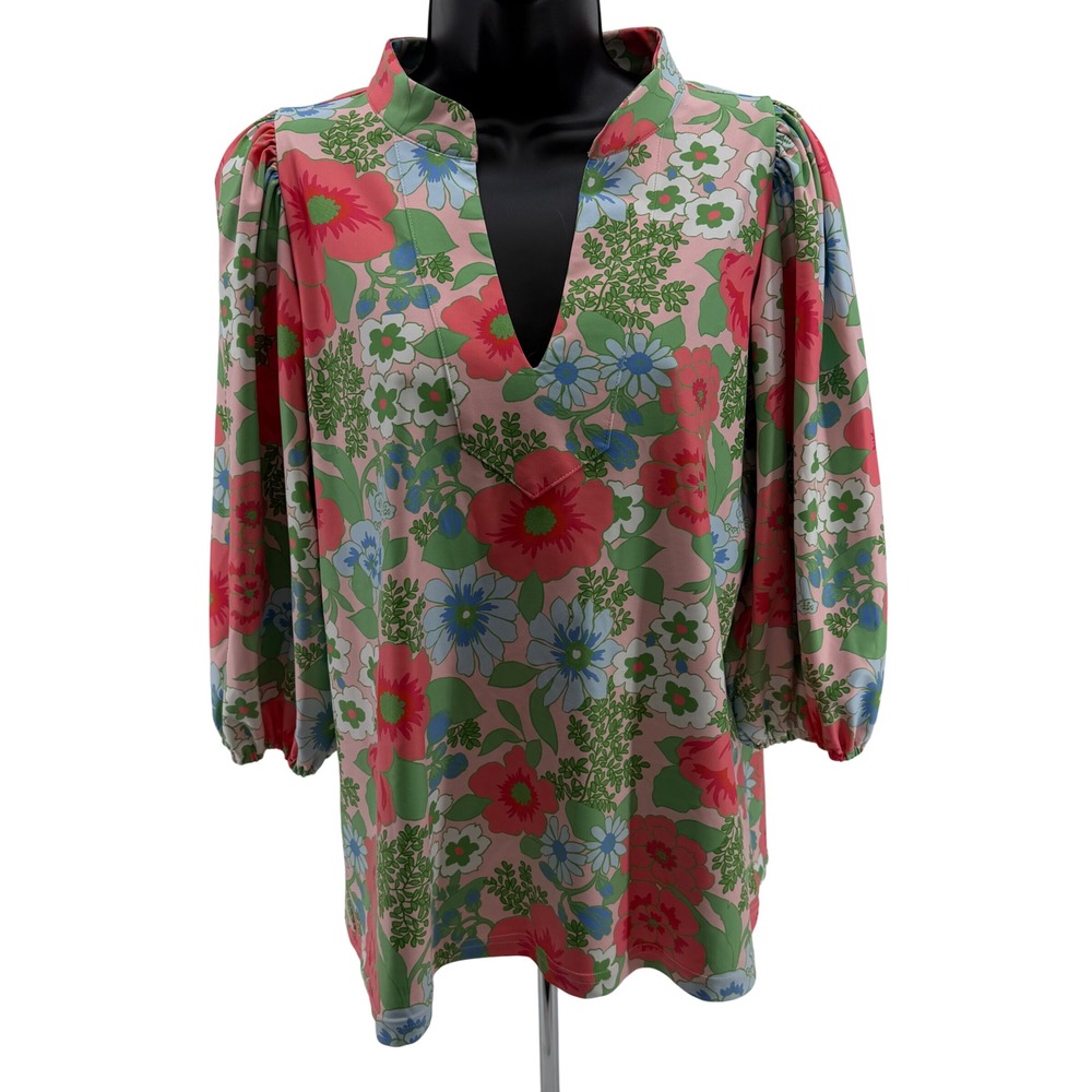 Smith & Quinn Tunic Women XS Pink Floral Split Neck Puff Sleeve Preppy Top